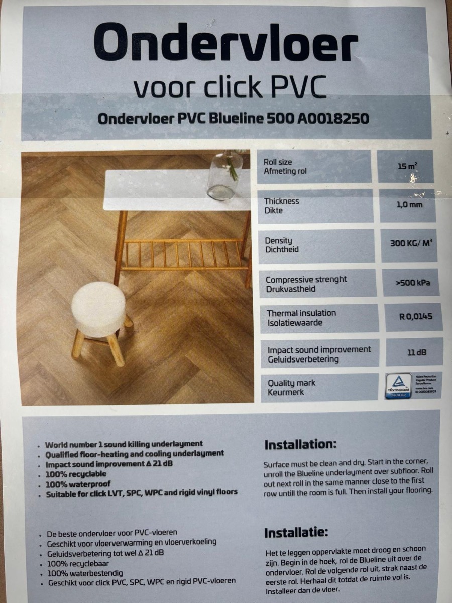 Click PVC Ondervloer Premium BlueLine 10dB/21dB 1mm dik - BE18250 - Afbeelding 4